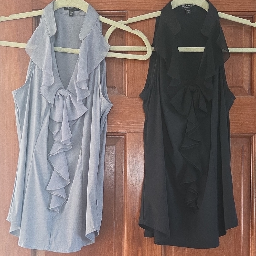 Express Ruffle Sleeveless Tops in Gray and Black